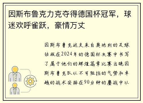 因斯布鲁克力克夺得德国杯冠军，球迷欢呼雀跃，豪情万丈