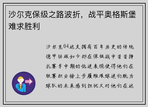 沙尔克保级之路波折，战平奥格斯堡难求胜利