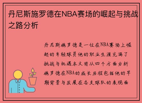 丹尼斯施罗德在NBA赛场的崛起与挑战之路分析