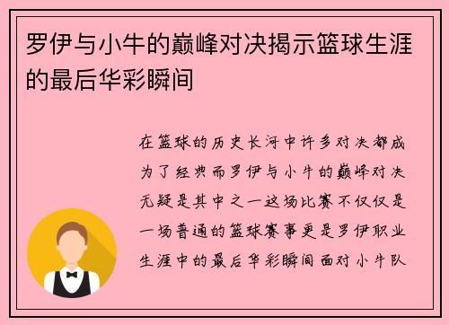 罗伊与小牛的巅峰对决揭示篮球生涯的最后华彩瞬间