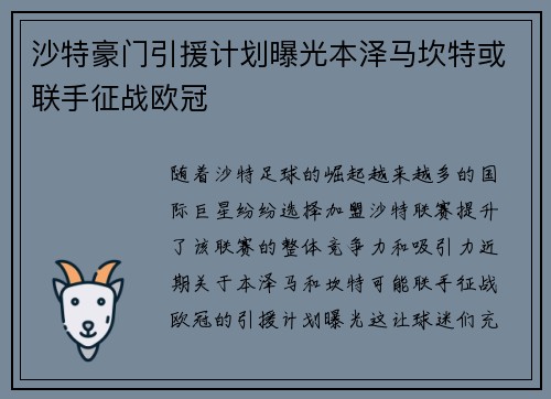沙特豪门引援计划曝光本泽马坎特或联手征战欧冠