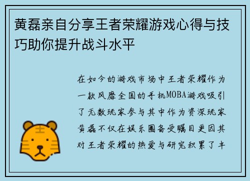 黄磊亲自分享王者荣耀游戏心得与技巧助你提升战斗水平